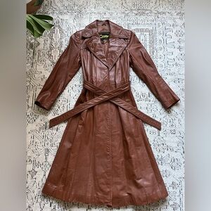 Vintage Condor Genuine Leather Belted Trench Coat - Brown Size 7/8 (XS)